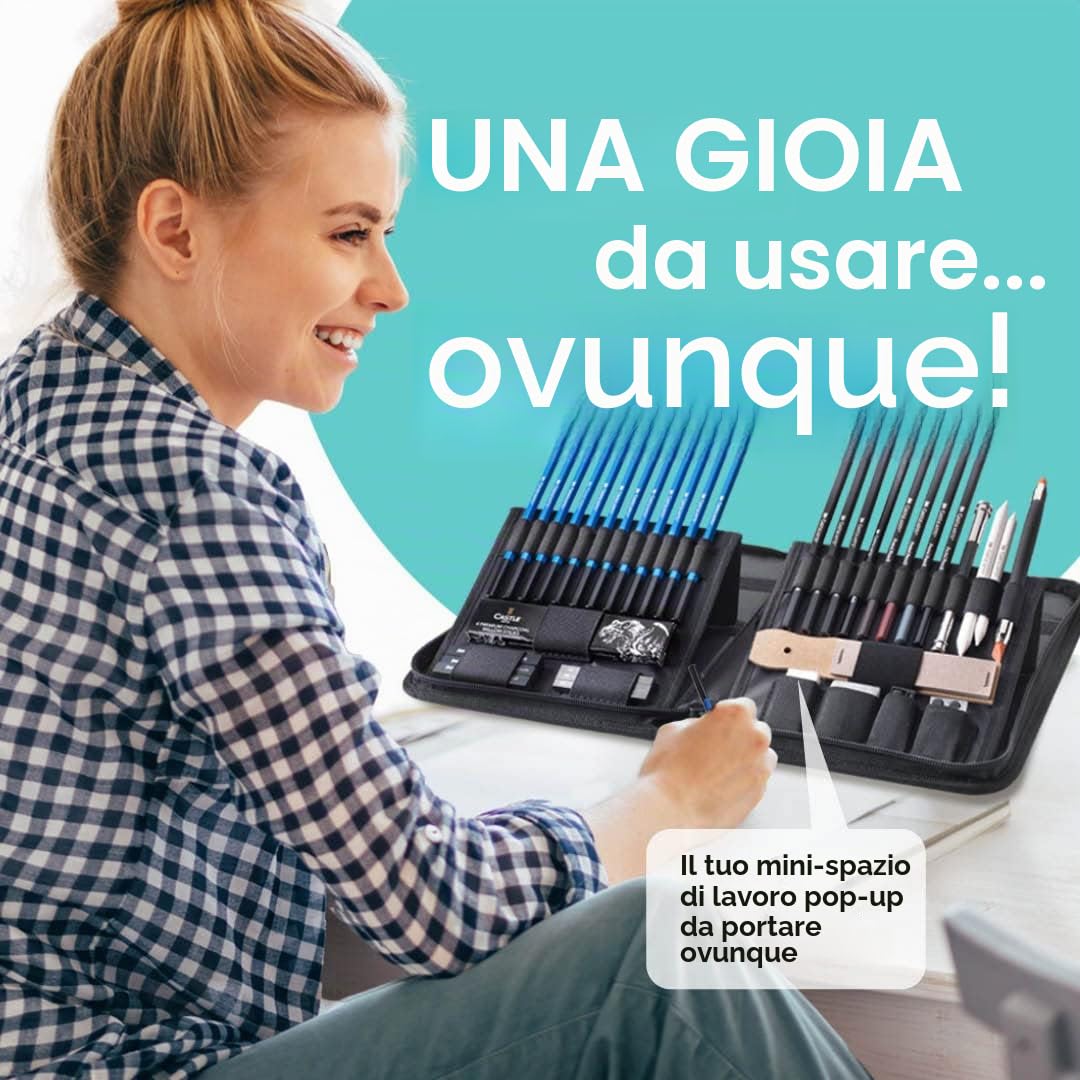 Castle Art Supplies Set 40 Pezzi per Disegno e Bozzetto Dotato di Guida | Per Artisti | Matite, Carboncini, Grafiti e Molto Altro | Con Custodia Cernierata di Trasporto