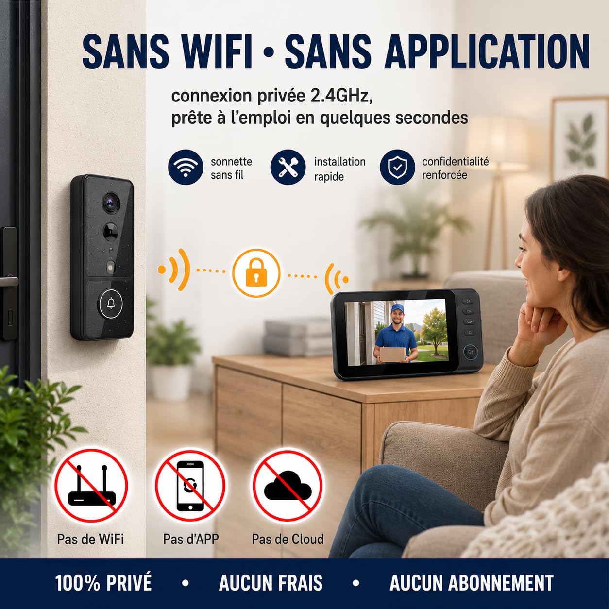 Sonnette sans Fil Exterieur Etanche avec Caméra, Sonnette sans Fil avec Camera et Moniteur 4,3", Visiophone sans Fil sans WiFi ni App, Interphone Video sans Fil 2.4GHz, PIR, Vision Nocturne, IP65