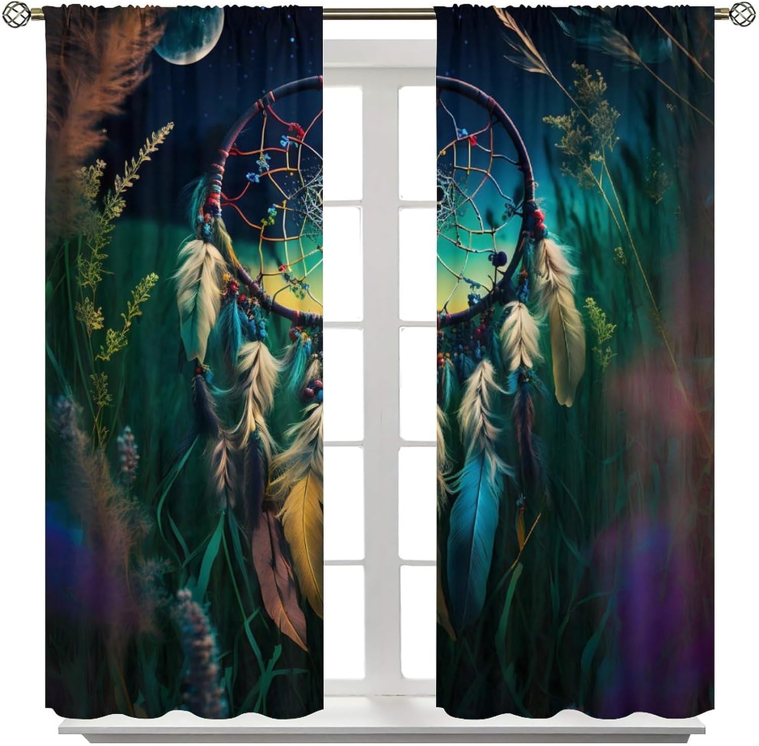 Aesthetics Vintage Dream Catcher Curtains - Native American Watercolor Forest Night Dreamcatcher Thermal Insulated Blackout Curtains - Rod Pocket Window Treatment Drapes 2 Panels 45L x 21W