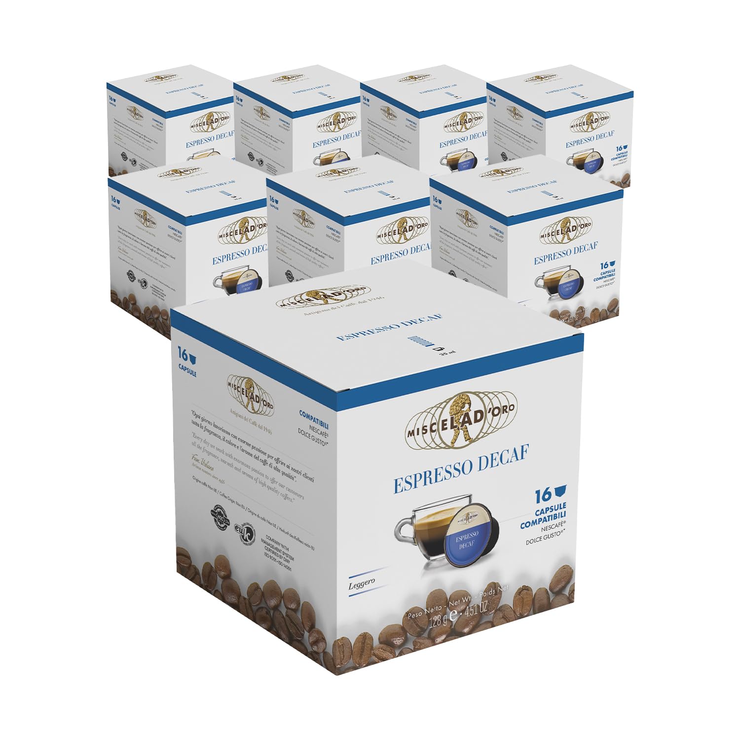 Miscela d'Oro Espresso Decaf - 128 cápsulas (8 paquetes) compatibles con Dolce Gusto*
