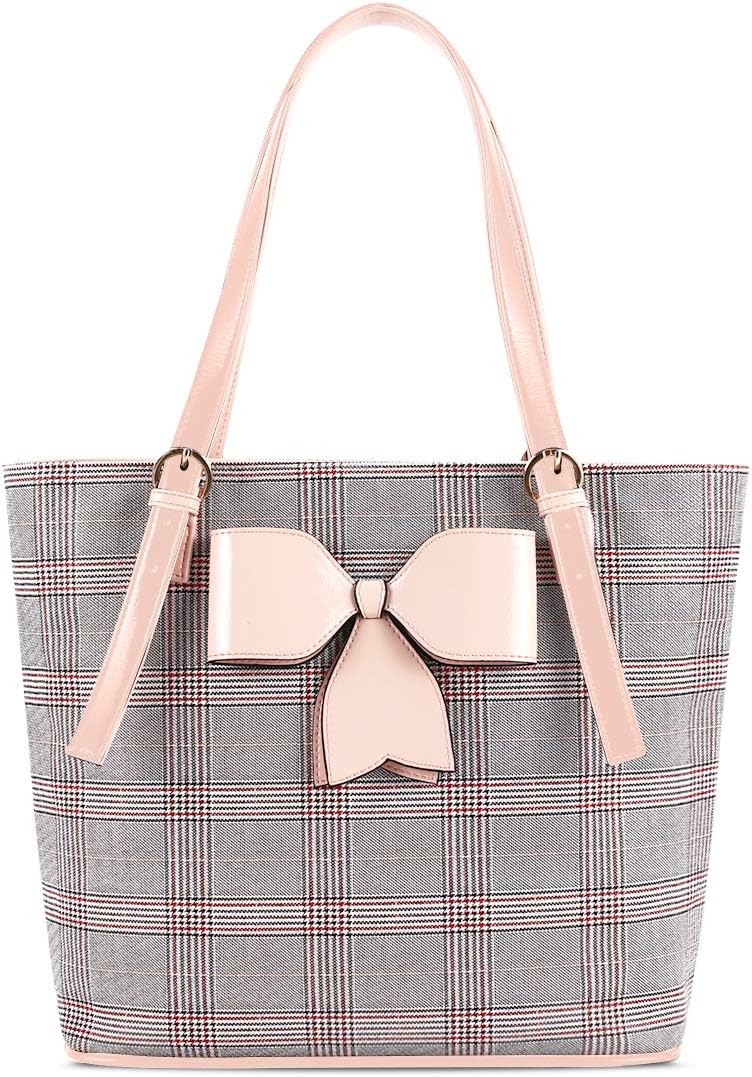 Tote Bag Women PU Leather Fashion Shoulder Grid Handbag, Large Capacity Satchel Hobo Top Handle Purse with Pink Bowknot