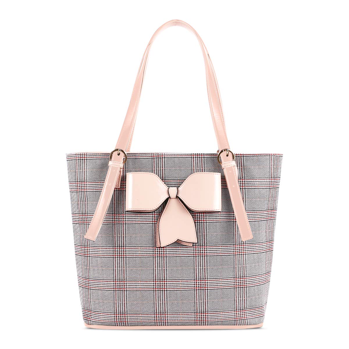 Tote Bag Women PU Leather Fashion Shoulder Grid Handbag, Large Capacity Satchel Hobo Top Handle Purse with Pink Bowknot