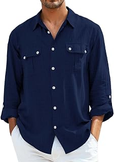 Linen Shirts for Men Lapel Button Down Roll Up Sleeve Tops Lightweight Loose Fit Summer Beach Blouse with Pocket 2025