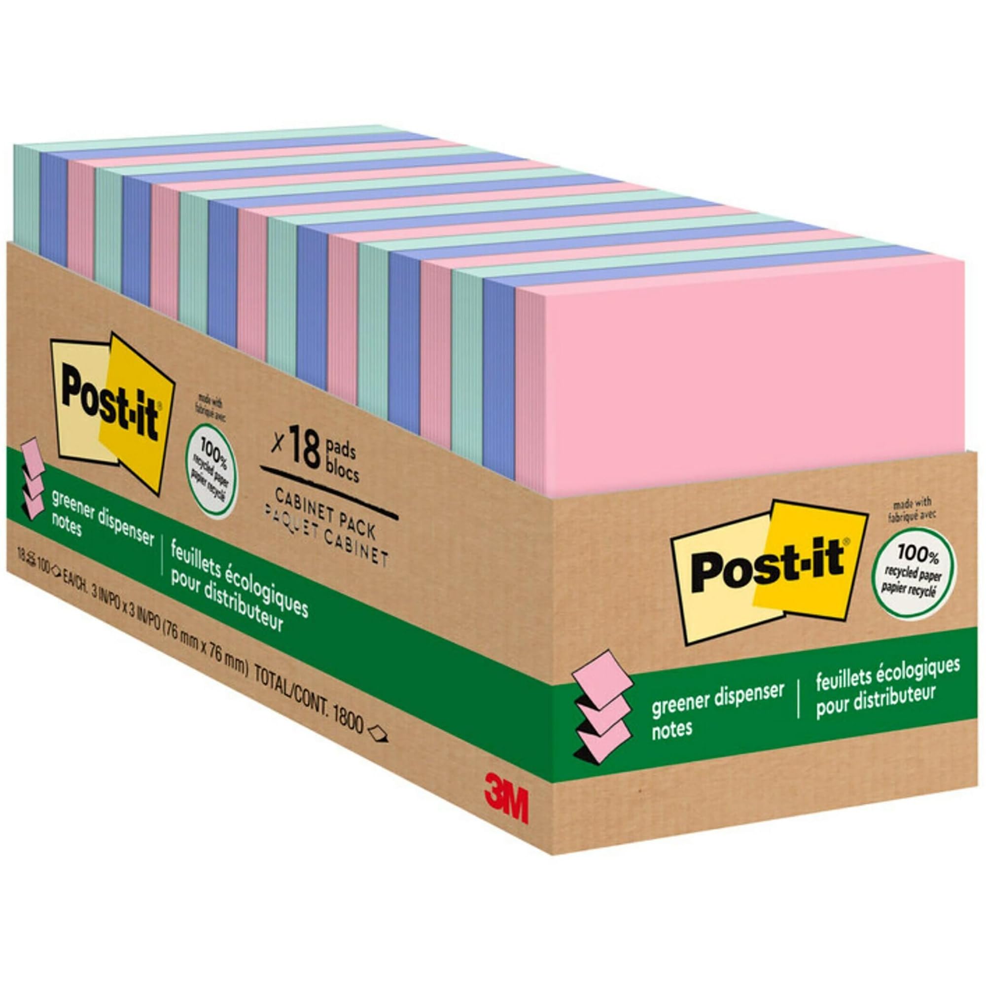 Post-it Greener Pop Up Notes, 3 in x 3 in, 18 Pads, 100 Sheets/Pad, Clean Removal, Back to School Supplies for Students,