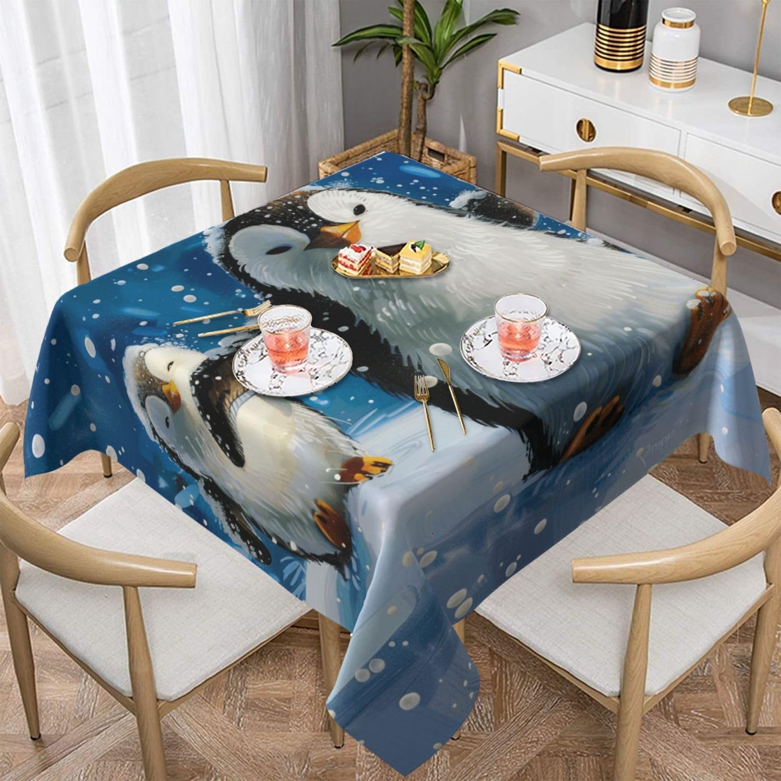 WPKJU Happy Penguin Printed Square Tablecloth 54x54 inch Water Resistant Table Cover Washable Rectangle Table Cloth for Dining Tables