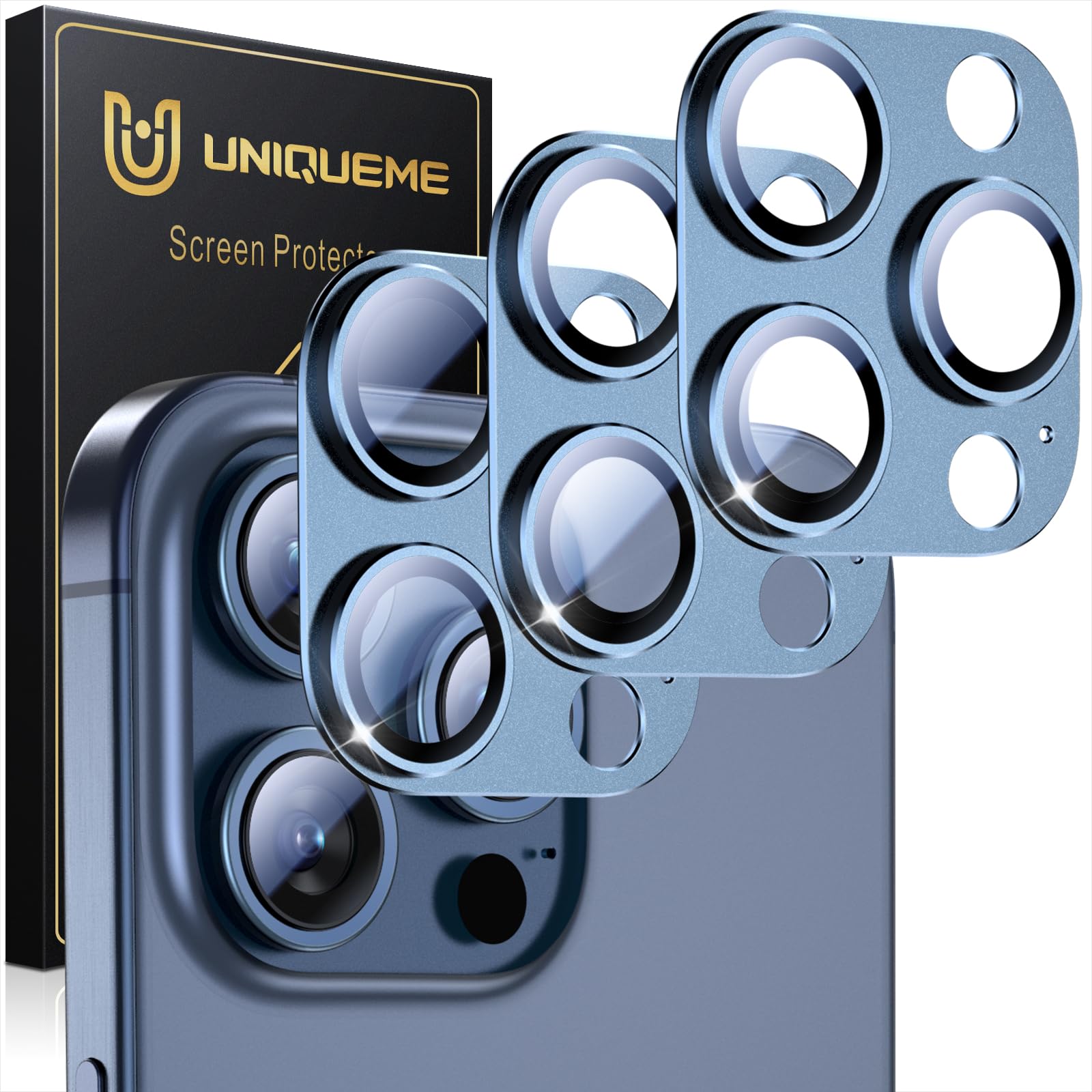 UniqueMe für iPhone 15 Pro/iPhone 15 Pro Max Kameraschutz - [Kratzfest, Stabil] Ultra-Klar 9H Härte Kameraschutz für iPhone 15 Pro Max/iPhone 15 Pro Kamera Schutz [3 Stück] - Matt Blau