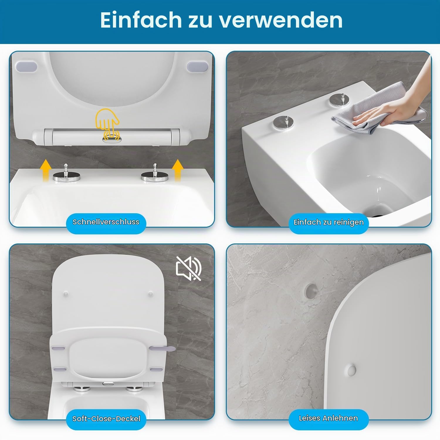 Klodeckel mit Absenkautomatik Eckig Form, Toilettendeckel Duroplast, WC-Sitz Einfache Montage und Reinigung, Klodeckel mit Quick-Release-Funktion, Klobrille Softclose, Toilettensitz Weiß