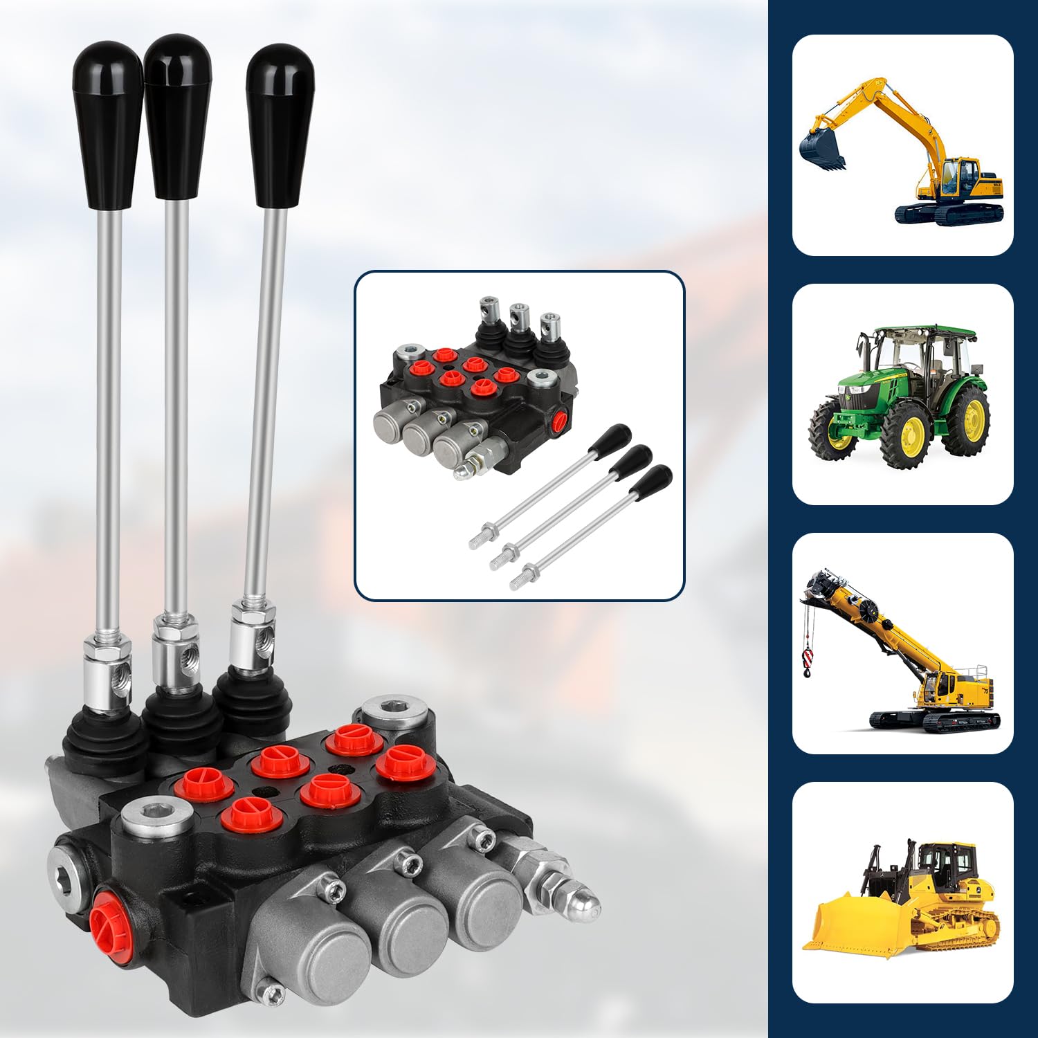 Válvula de control de flujo hidráulico de 3 carretes de 11 GPM, puertos G de 3600 PSI, mango de palanca de alivio ajustable, cargador de tractor central paralelo de doble acción con palanca de mando