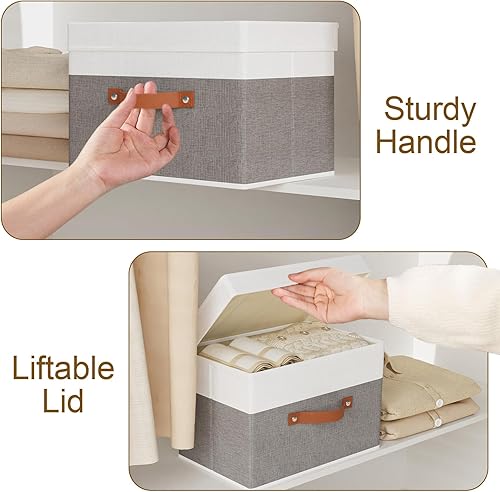 Miniatura 5 de Contenedor de almacenamiento de tela, cesta de almacenamiento con tapas, caja organizadora de armario con asas para zapatos, libros, toallas, blanco