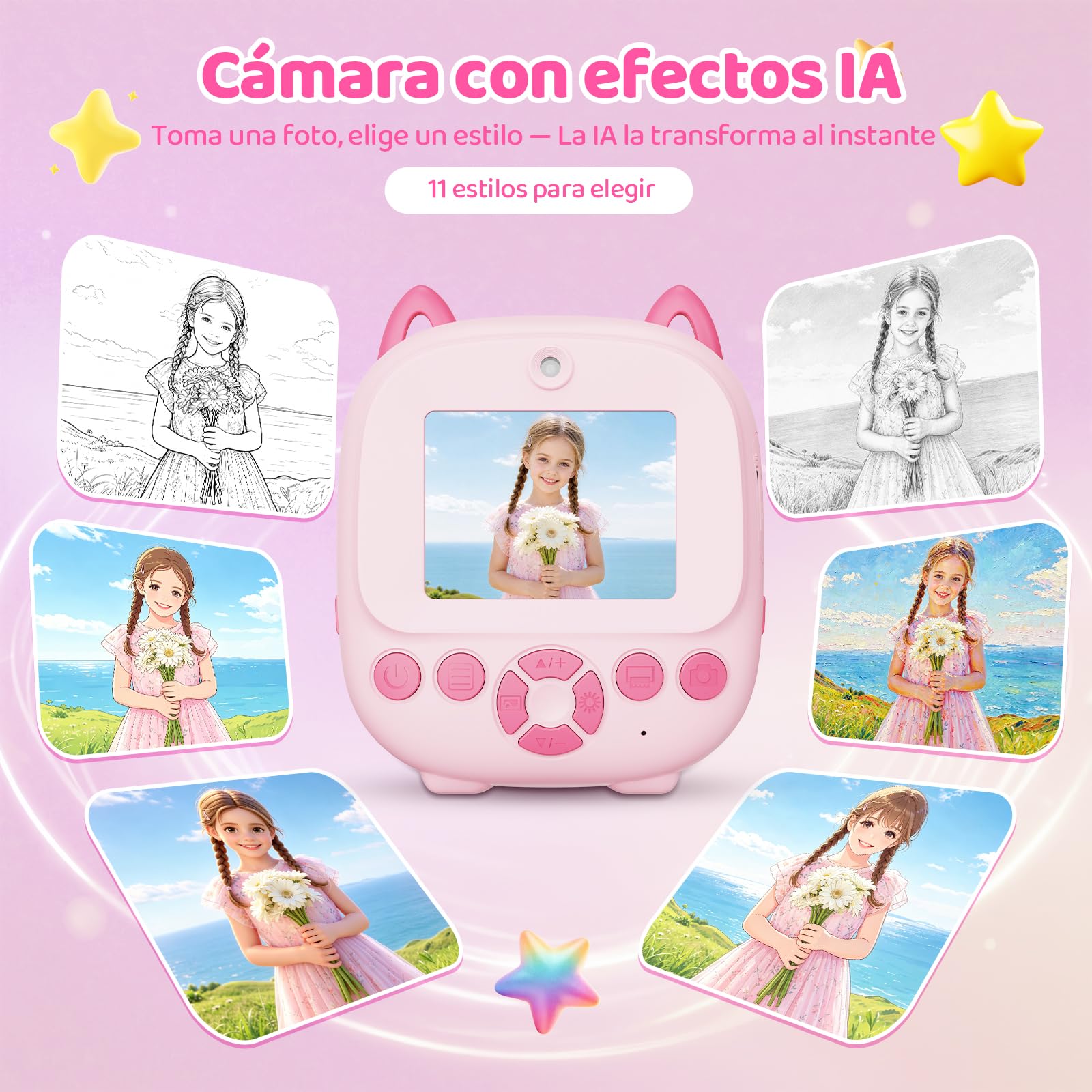 CHAKEYAKE Camara Fotos Infantil Instantanea, Reconocimiento de Voz e Imagen AI, Cámara Digital Infantil 2.4 Pulgadas, Fotografía y Vídeo, Pegatinas Creativas, Filtros, Regalo para Niños Niñas, Rosa