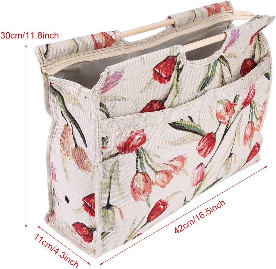 Wood Handles Knitting Bag Travel Yarn Organizer Crochet Bag for Knitting Needles Sewing Tools 16.5x11.8x4.3in(Red Flower)