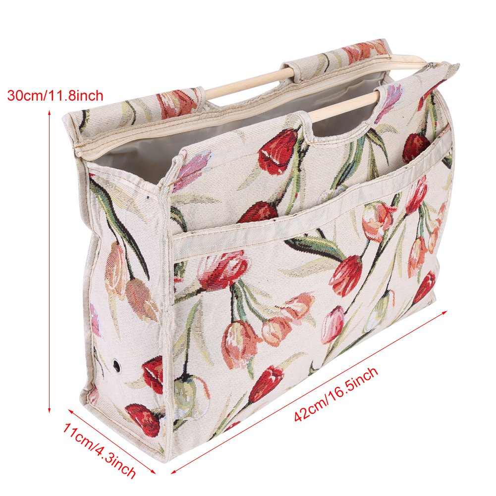 Borsa per maglieria a maglia, organizzatore di immagazzinaggio per filati da viaggio per filati, pratica borsa per la conservazione del tessuto intrecciato con manico in legno per ferri(Fiore rosso)