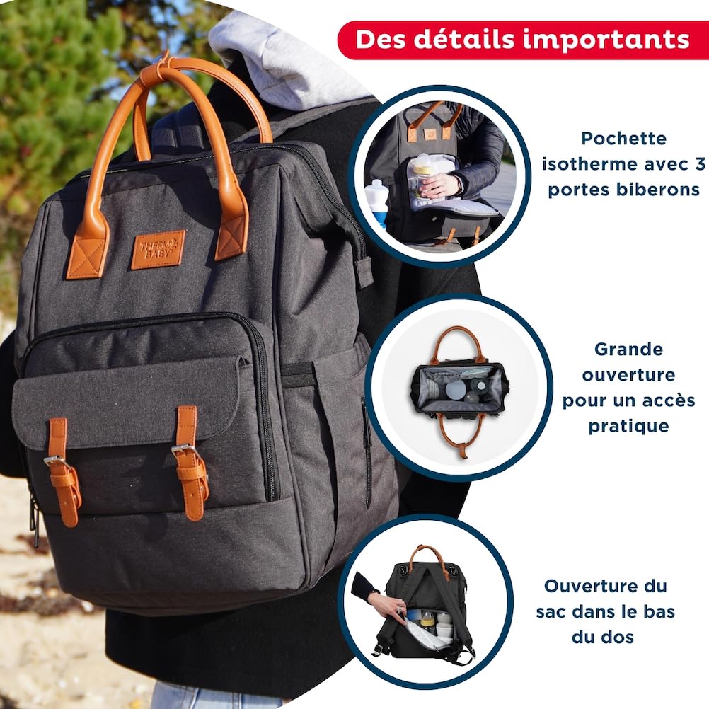 THERMOBABY- Sac à langer ESCAPADE - Sac à dos à langer Bébé - Matelas à langer pour Bébé Garçon et Fille inclus - Confortable - Pratique pour des sorties avec votre nouveau-né - Gris foncé