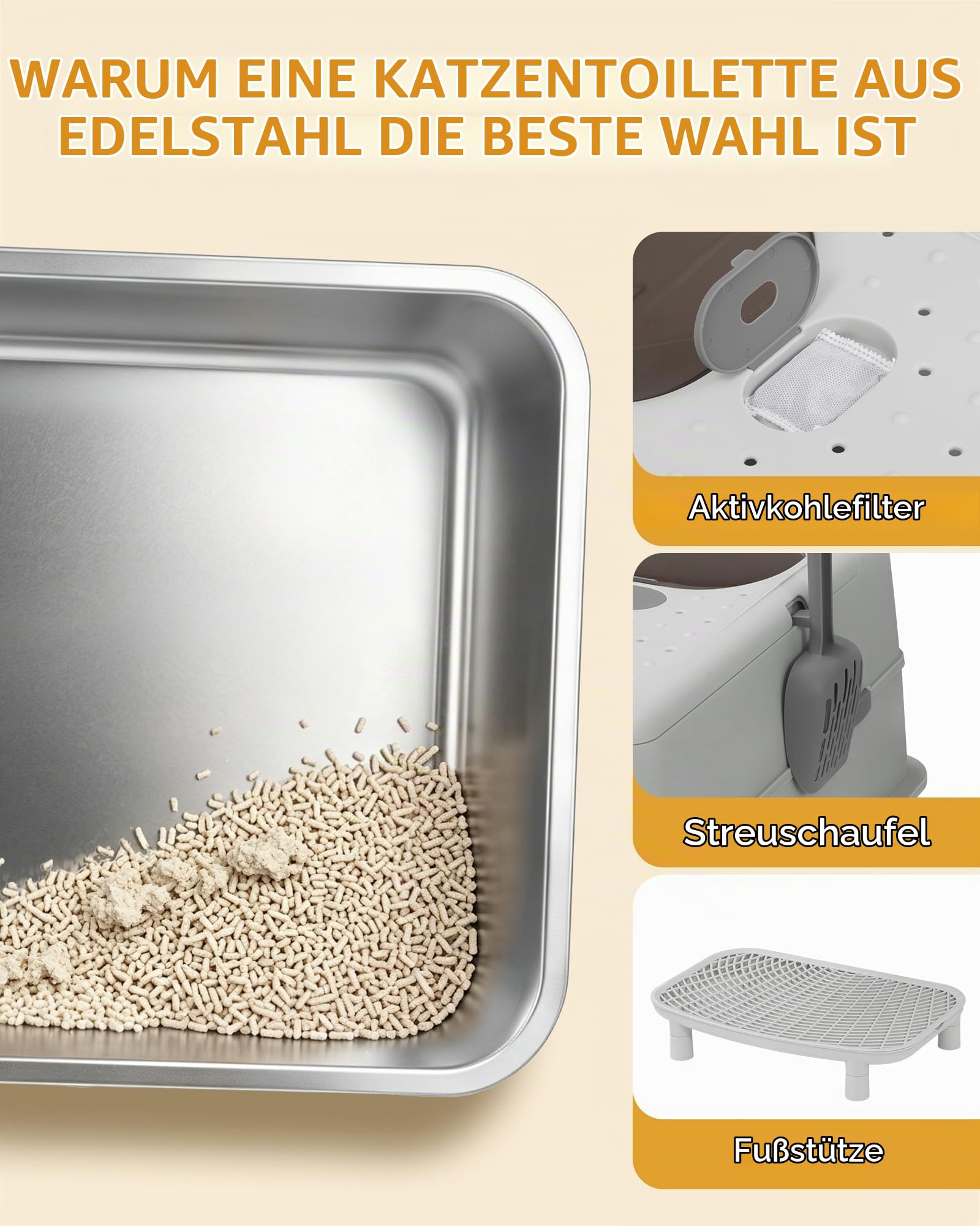 Hzuaneri Edelstahl Katzenklo XXL mit Deckel, Doppeltür, 60 × 40 × 42 cm, Geschlossenes Katzentoilette mit Schaufel Fußpedal, Leicht zu Reinigen, Auslaufsicher, Hellgrau LB89899G