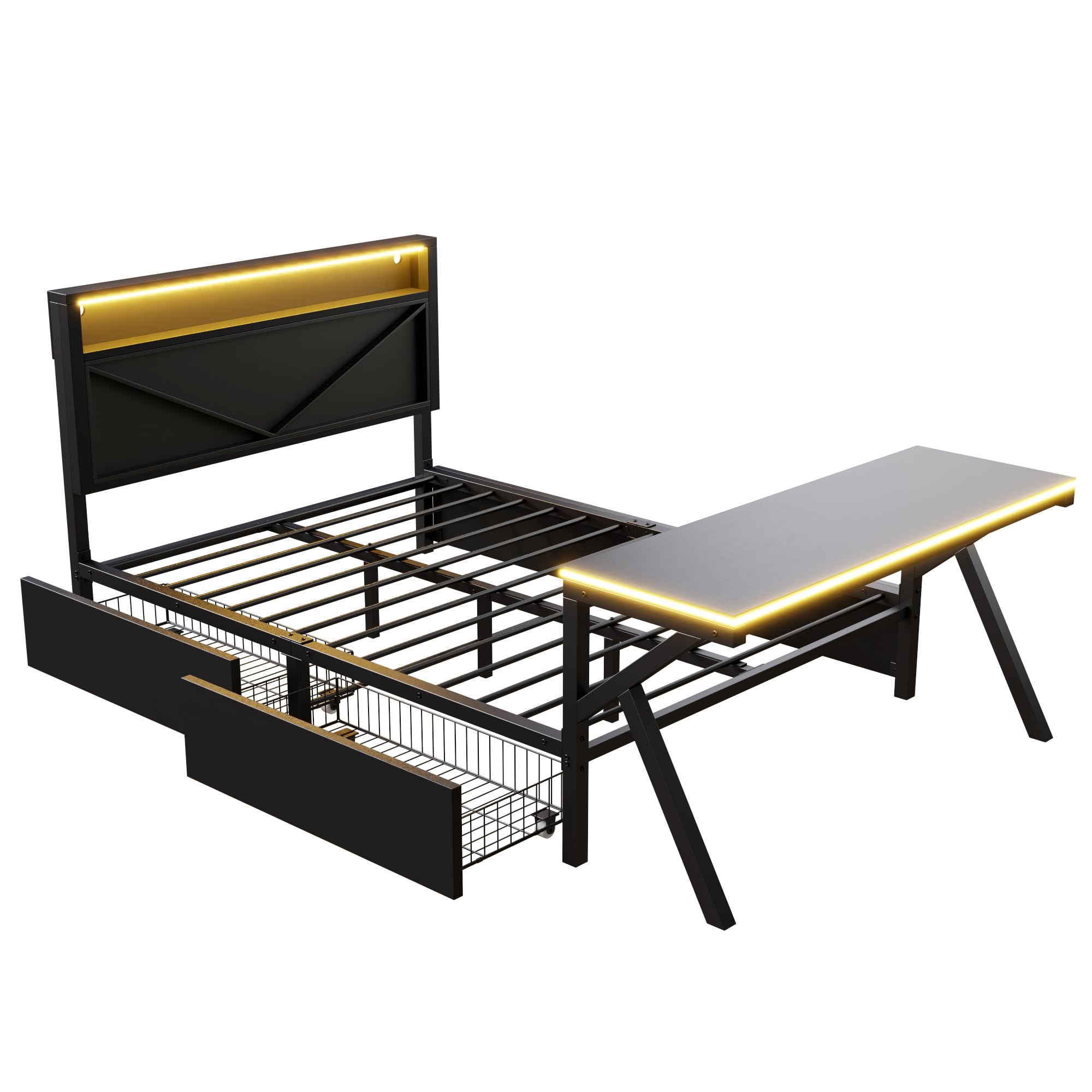 Plattformbett 140x200cm, Metallbett mit LED-Kopfteil&LED-Schreibtisch