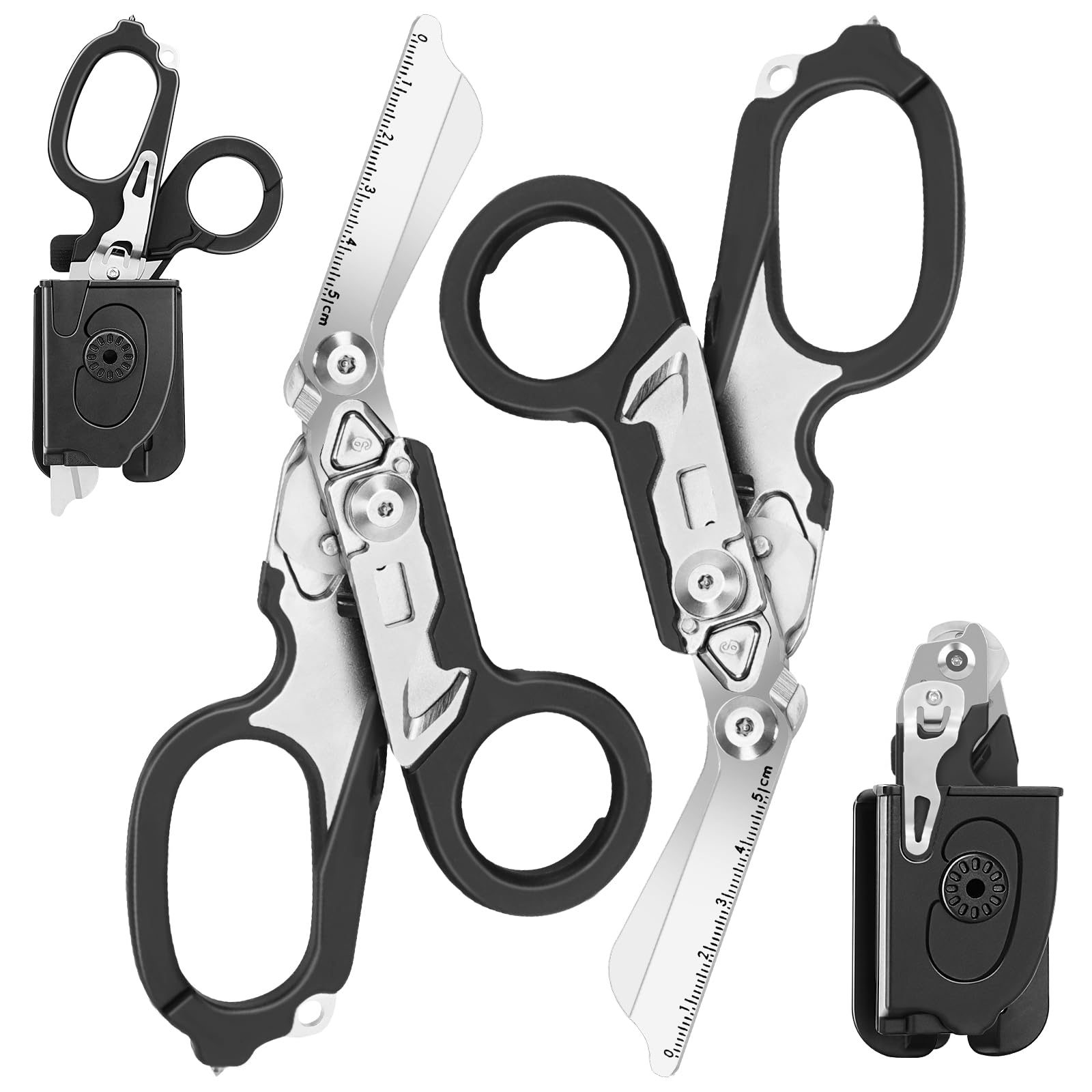 6-In-1 Faltbar Trauma Schere 2 Pack Mit Kompatiblen Holster, Notschere Rettungsschere Mit Riemenschneider und Glasbrecher für Outdoor Camping Rettung Werkzeuge