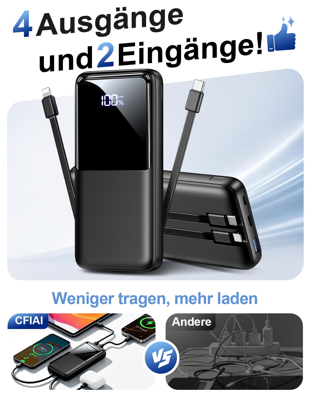 Batterie Externe 26800mAh, 22,5W USB-C Charge Rapide, 2 câbles intégrés