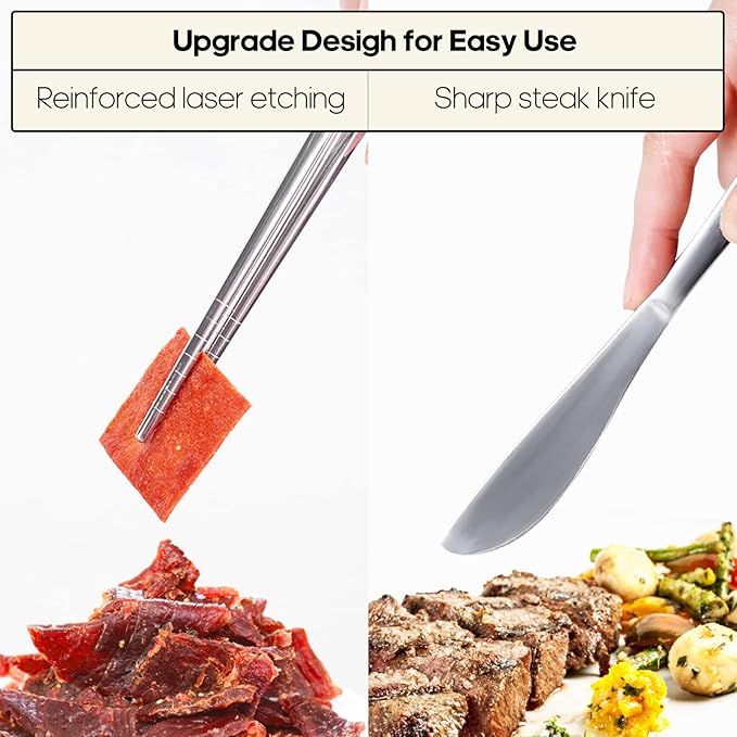 Introducing our premium 5-piece Stainless Steel Utensils Set, designed for those who appreciate convenience, durability, and style. Crafted from high-quality 18/8 food-grade stainless steel, these utensils are lightweight, sharp, and exceptionally resistant to rust and corrosion, ensuring long-lasting performance. Easy to clean and dishwasher-safe, this set is perfect for everyday use, whether you're dining at home or on the go. Each piece is meticulously engineered to provide a seamless culinary experience, from the fork and spoon to the knife and uniquely designed anti-slip chopsticks.