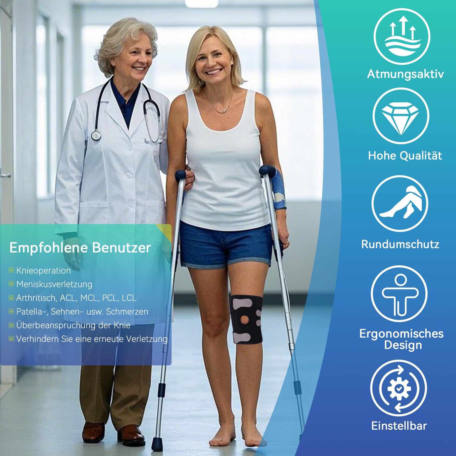 Kniebandage Männer Damen- Verstellbare Kniebandage Meniskus, Arthrose, Arthritis, ACL- Bandage Knie mit Stabilisatoren &Patella Pads, Atmungsaktiv Kniestütze für Sport Knieschmerzen Knee Support