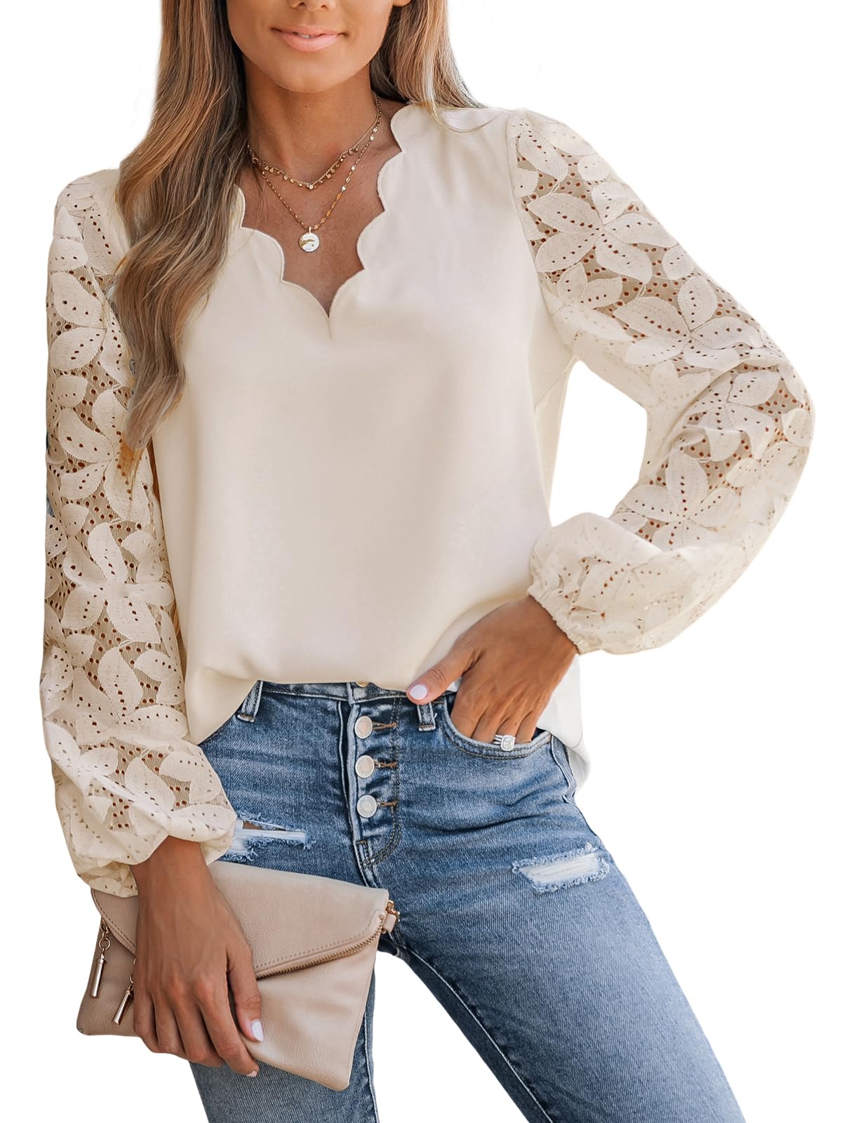 CUPSHEWomen Lace Elegant Blouse Long Sleeve Eyelet V Neck Dressy Party Floral Tops Scalloped V Neck