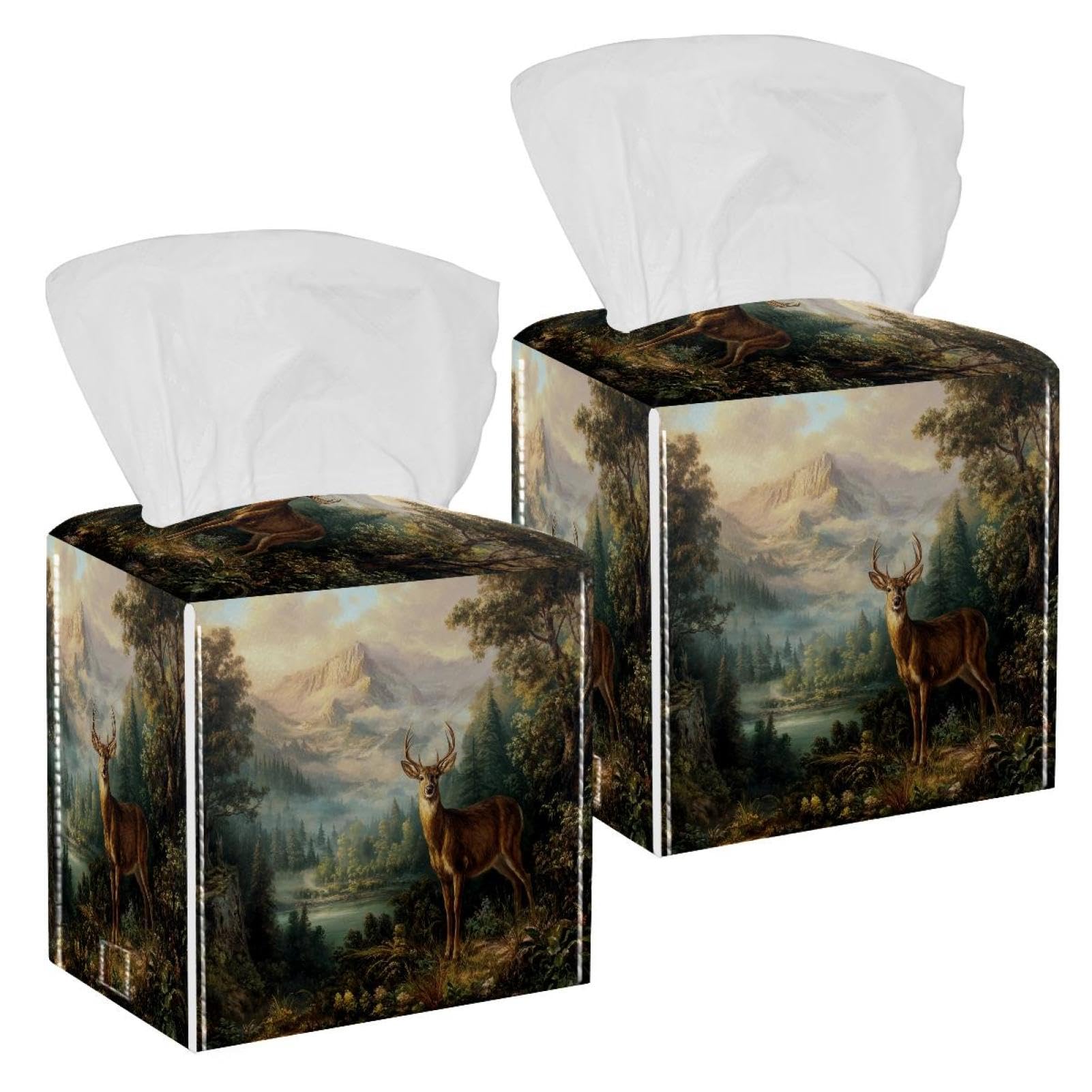 Deer in the Mountains Tissue Box Cover, 2 Pack PU Leather Square Facial Tissue Dispenser Box holder for Home Office Car