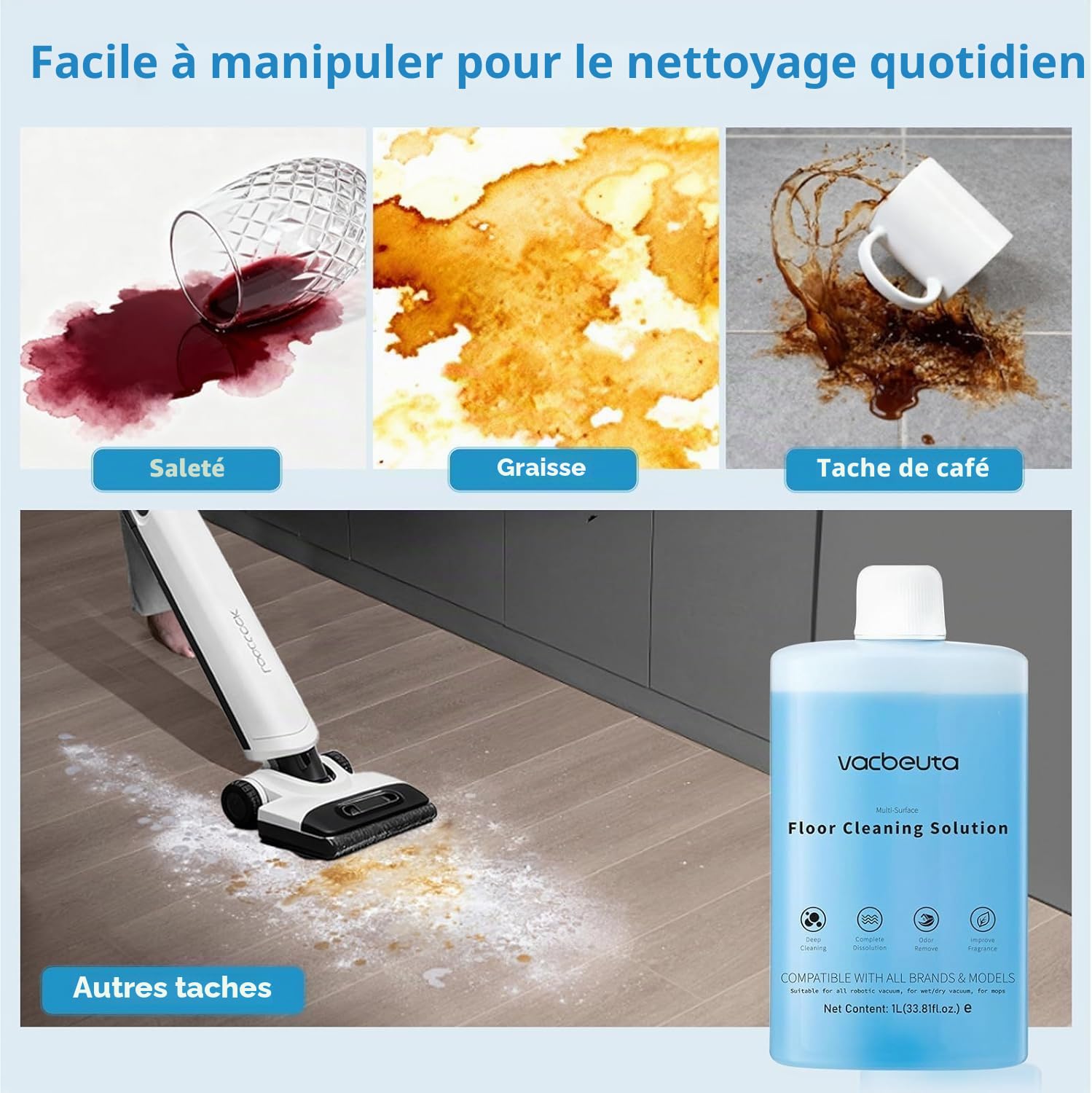 Concentré Febotak pour nettoyeurs de sols Roborock authentiques, aspirateurs robots et aspirateurs eau et poussière sans fil, 1 litre, dilué.