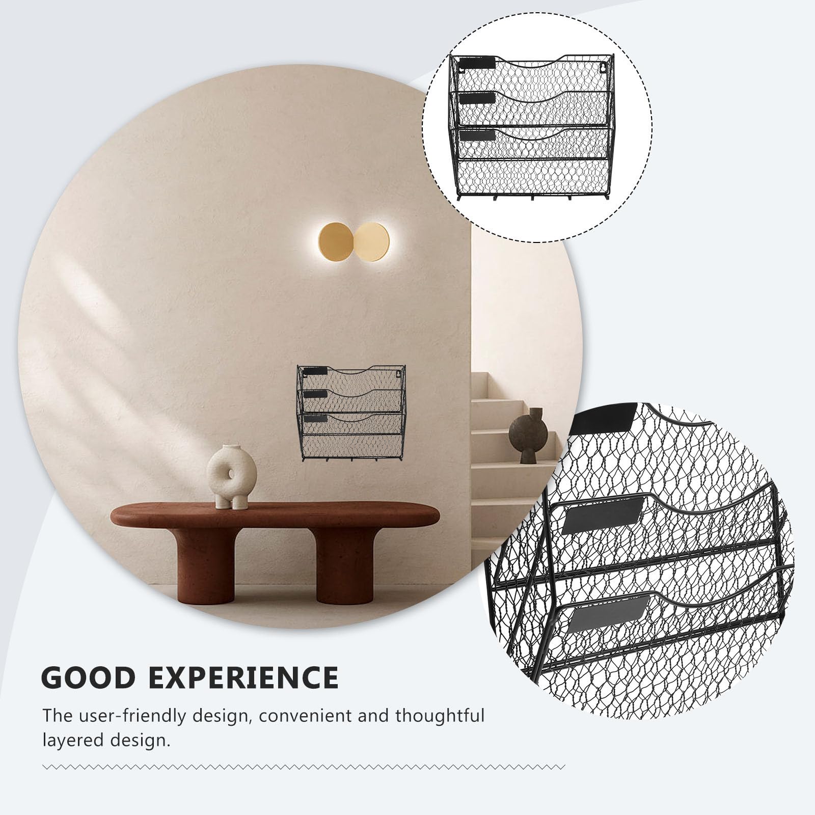 Panier Métallique Mural Noir à Étagères Suspendues Design en Couches pour Rangement et Organisation Espace Collaboratif ou Zone d'accueil