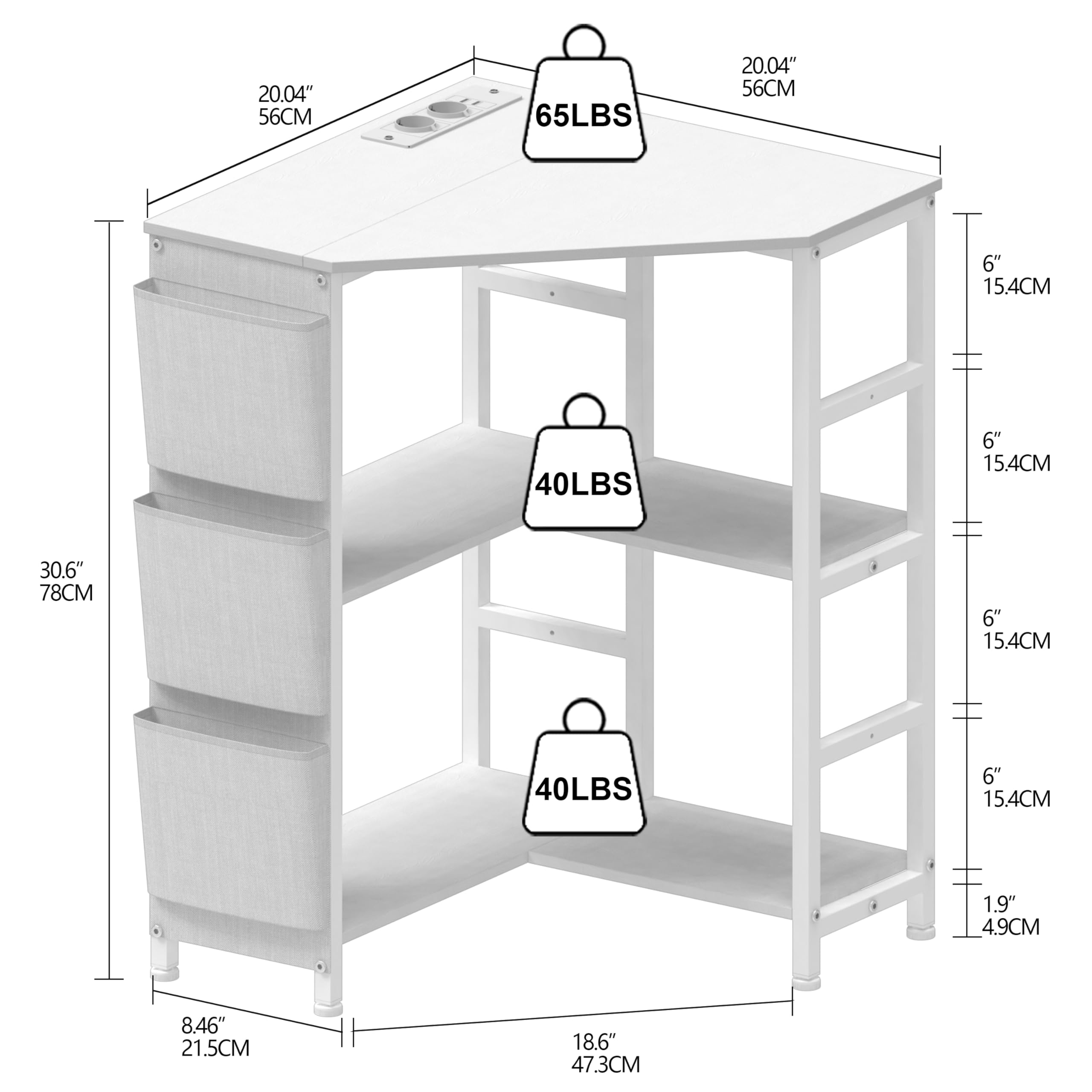 VEDECASA Weiß Druckertisch, Ecke Druckerständer 3-stöckiger, Druckertisch mit Ladestation,Druckerständer auf 2 Steckdosen und 2 USB Ports Seitentaschen verstellbaren Füßen CPU Ständer Halter für Büro