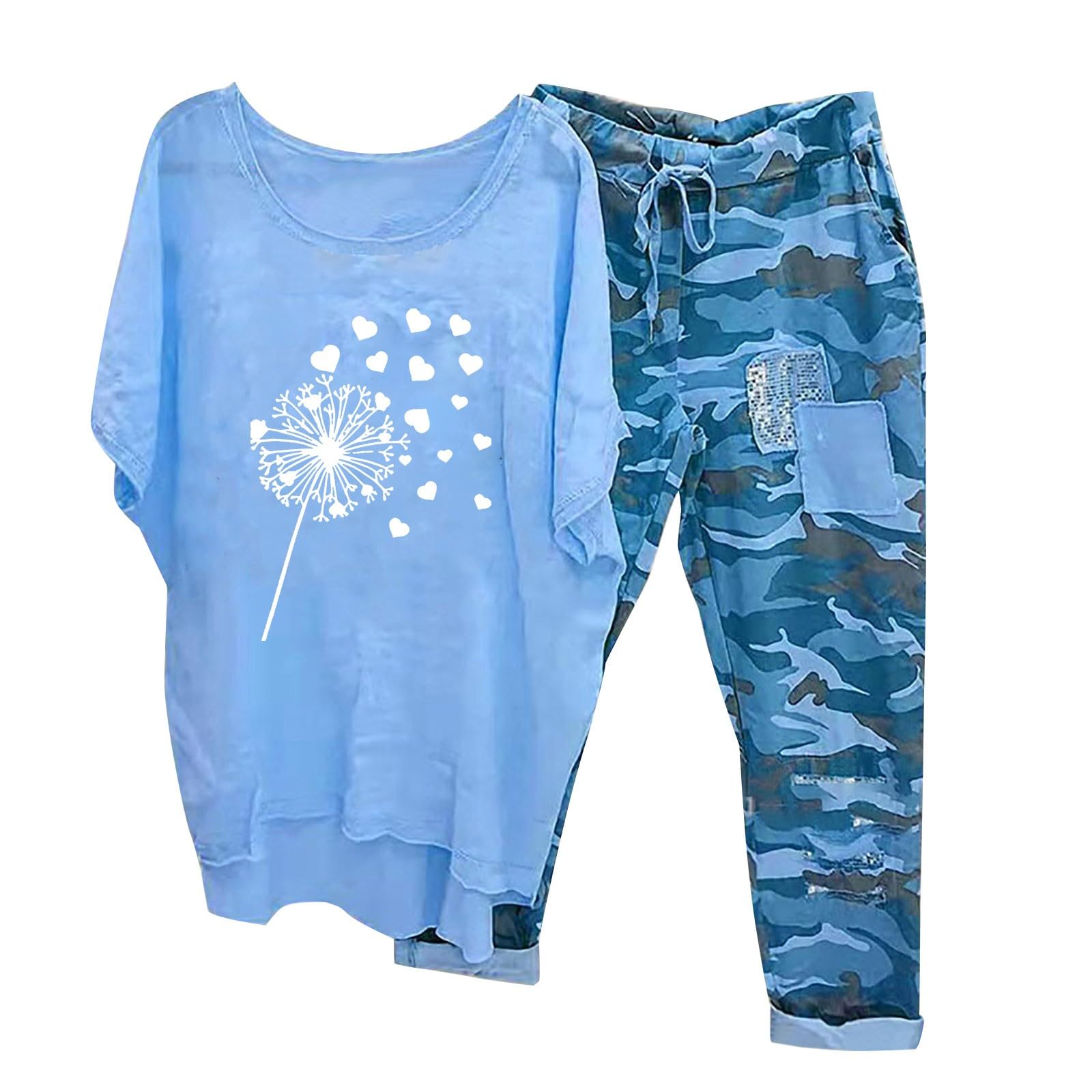 Traje de verano para mujer, cuello redondo, estampado de camuflaje, lavado, arrugas, suelto, casual, traje de pantalón para madre de la novia