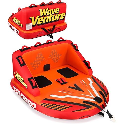 Towable Tube for Boating - 2 & 3 Person Inflatable Boat Tube with Dual Tow Points, Speed Safety Valve, Heavy Duty Nylon Cover, EVA Foam Pads for Lake & River Water Sports