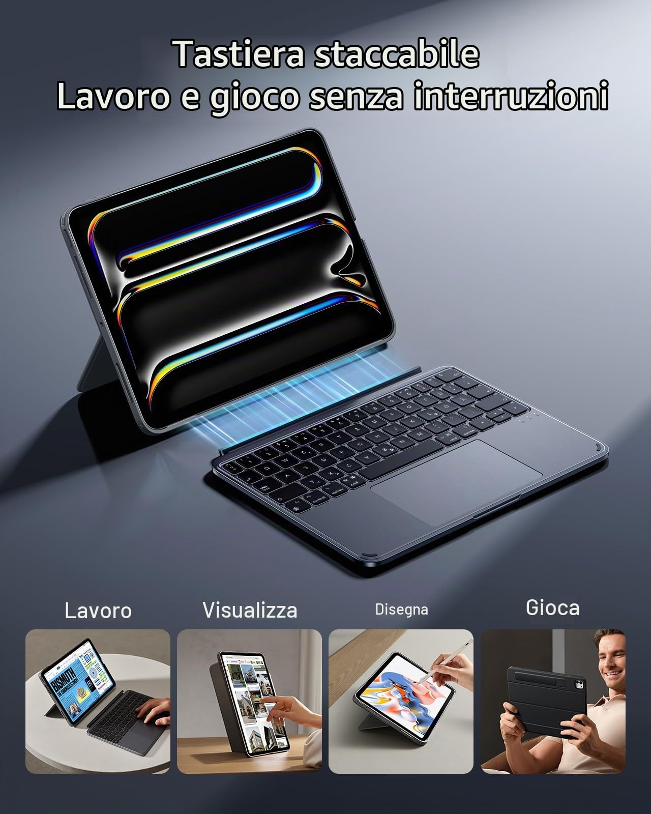 ESR per iPad Pro 11" (M5/M4) Custodia con Tastiera, Supporto Multi-angolo | Tastiera magnetica rimovibile, verticale e orizzontale, grande trackpad, tasti retroilluminati, DEU QWERTZ, Grigio Scuro