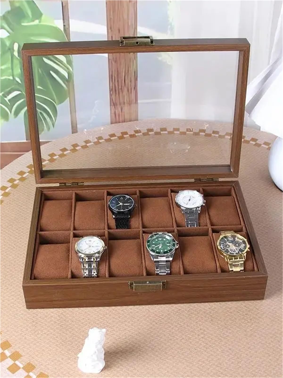 Portaorologi in Legno Massello Scatola for orologi in legno a 12 scomparti con coperchio in vetro