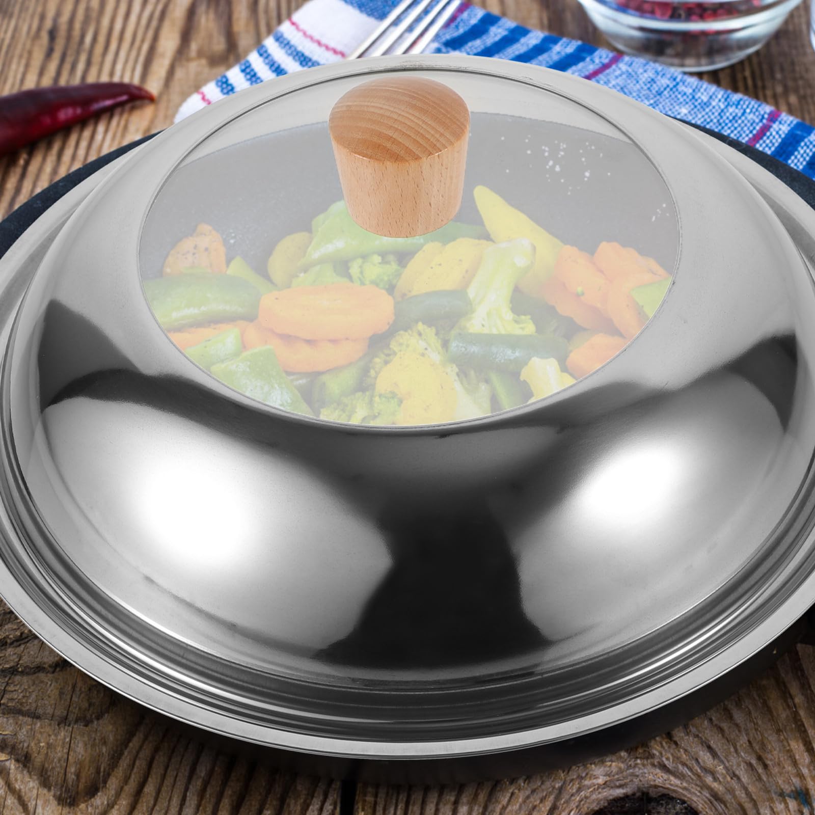 SOLUSTRE Coperchio in Vetro Temperato e Inossidabile per Pentola con Manico in Legno, Sigillatura Stretta e Multiuso per Cucina Cottura Vari