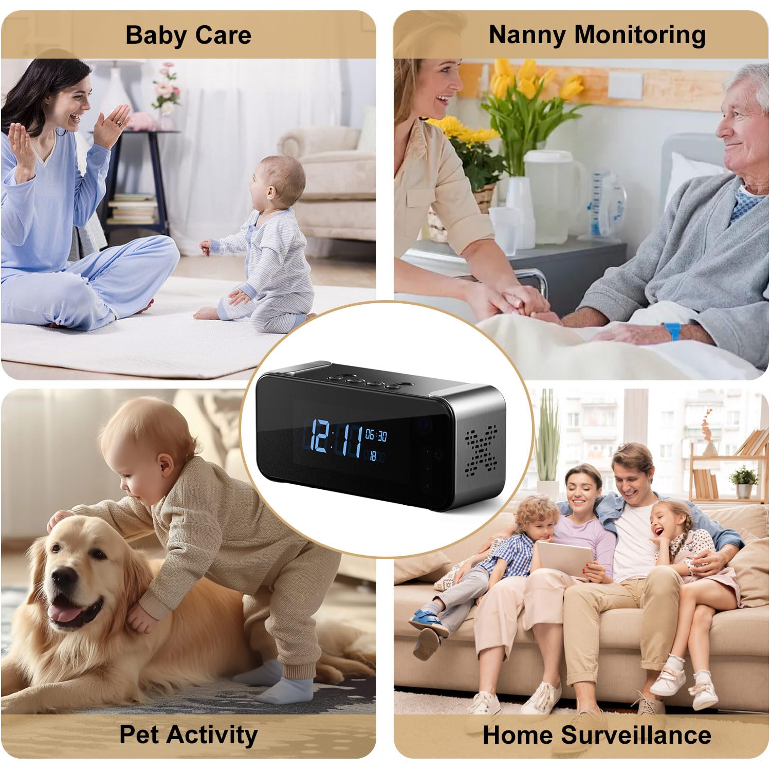 Cámara oculta, cámara de seguridad inalámbrica para interiores para niñera/mascota/bebé, cámara espía WiFi con reloj despertador y altavoz Bluetooth, visión nocturna HD 4K y detección de movimiento