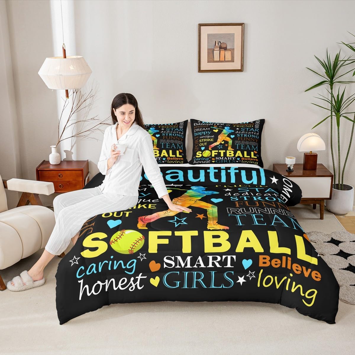 Softball Player Kids Comforter Set Twin Size,Ball Sports Games Modern Fashion Bedding Set,Boys Girls Adults Room Decor,Stars Love Heart Graffiti Down Comforter,Colorful Duvet Insert,1 Pillowcase