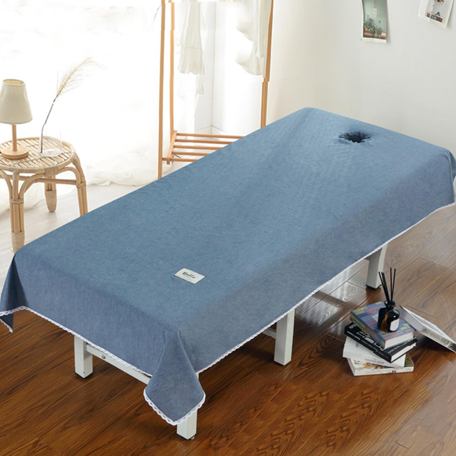 Drap de lit spa en coton avec dentelle raffinée pour table de massage Blueb