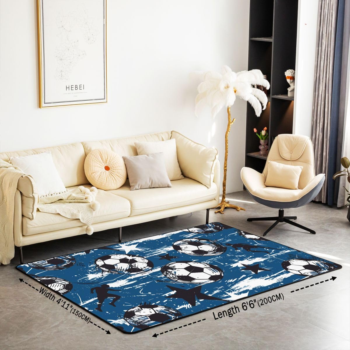Fußball Drucken Wohnzimmer Teppich 100x150cm Schwarz Weiß Einfaches Fußball Sport Theme Schlafzimmerbereich Teppich für Kinder Teens Geometrische Sterne Weiß Graffiti Blau Indoor Matte Heimdekor