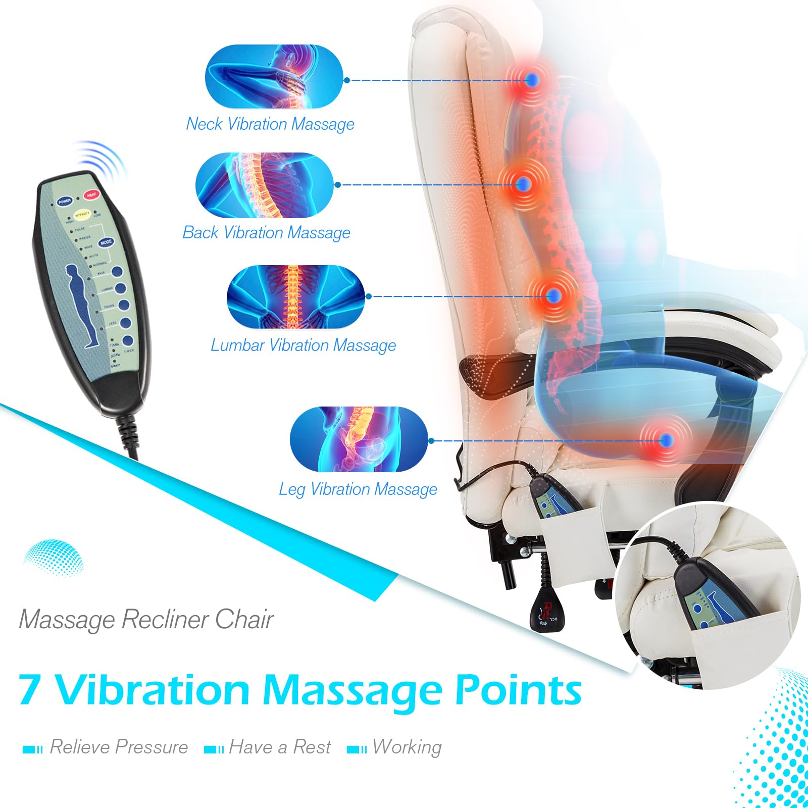 YODOLLA Ergonomic Reclining Office Chair with 7 Massage Points and Heat Function Leather Executive Home Desk Chair w — view 5