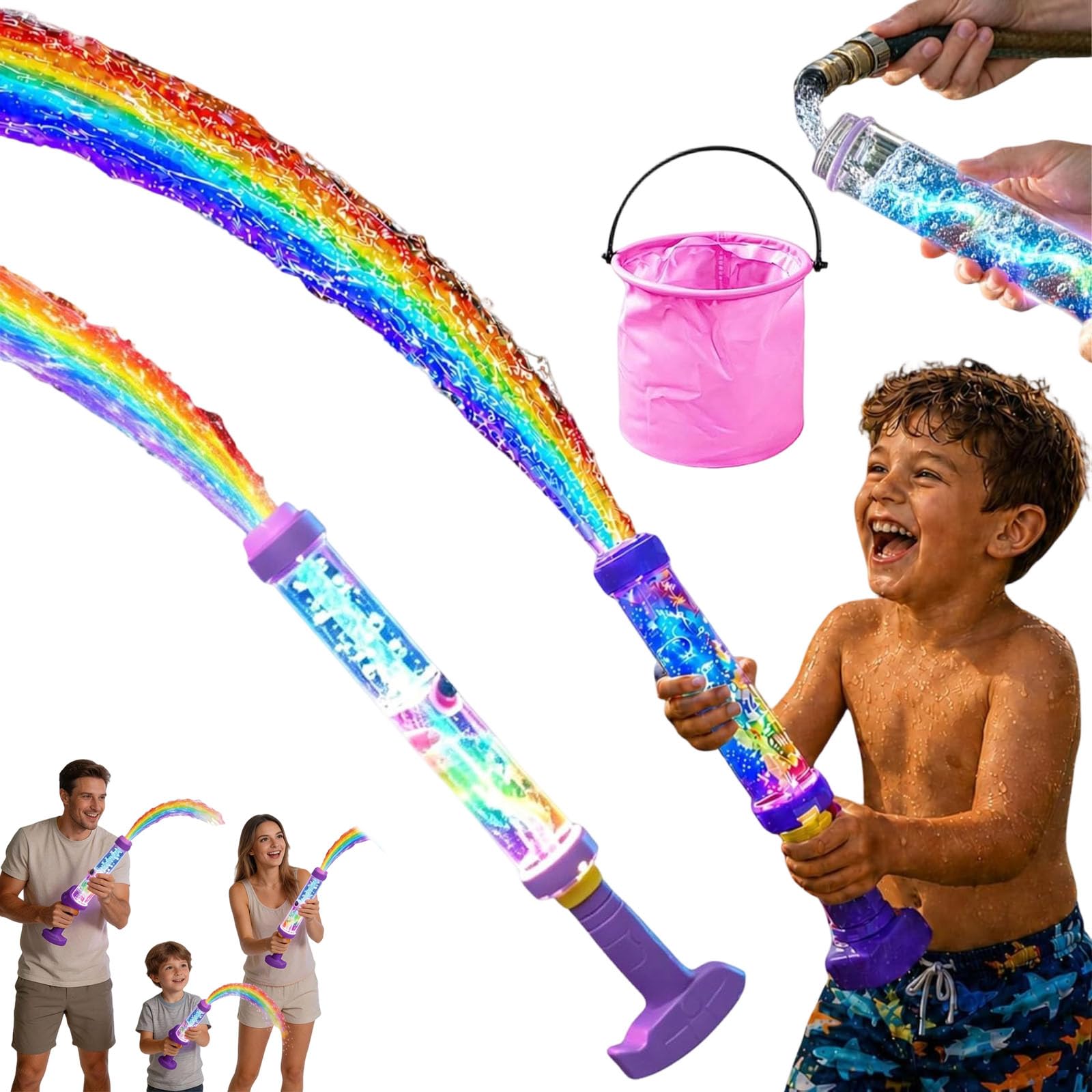 2026 New Glowing Rainbow LED Water Blaster | Summer Fun That Pops like Magic, Glowing Rainbow Water Blaster, Pull Push Firework Waters Blasters, For Pool Parties and Outdoor Activities (1PC)