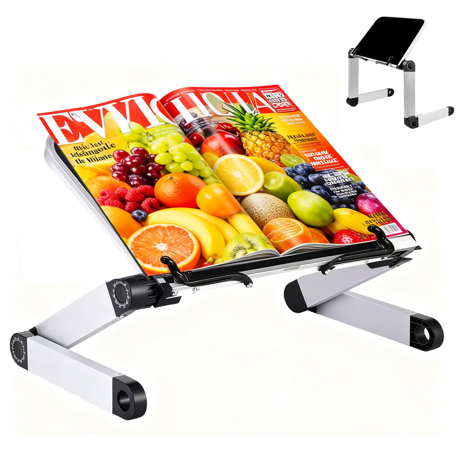 Atril para Libros -Altura y ángulo Ajustable Soporte para Libro, Atril de Lectura con Brazos de Aluminio y Clips de Carpeta, Soporte Libros para Big Heavy HardCover, Receta y portátil iPad