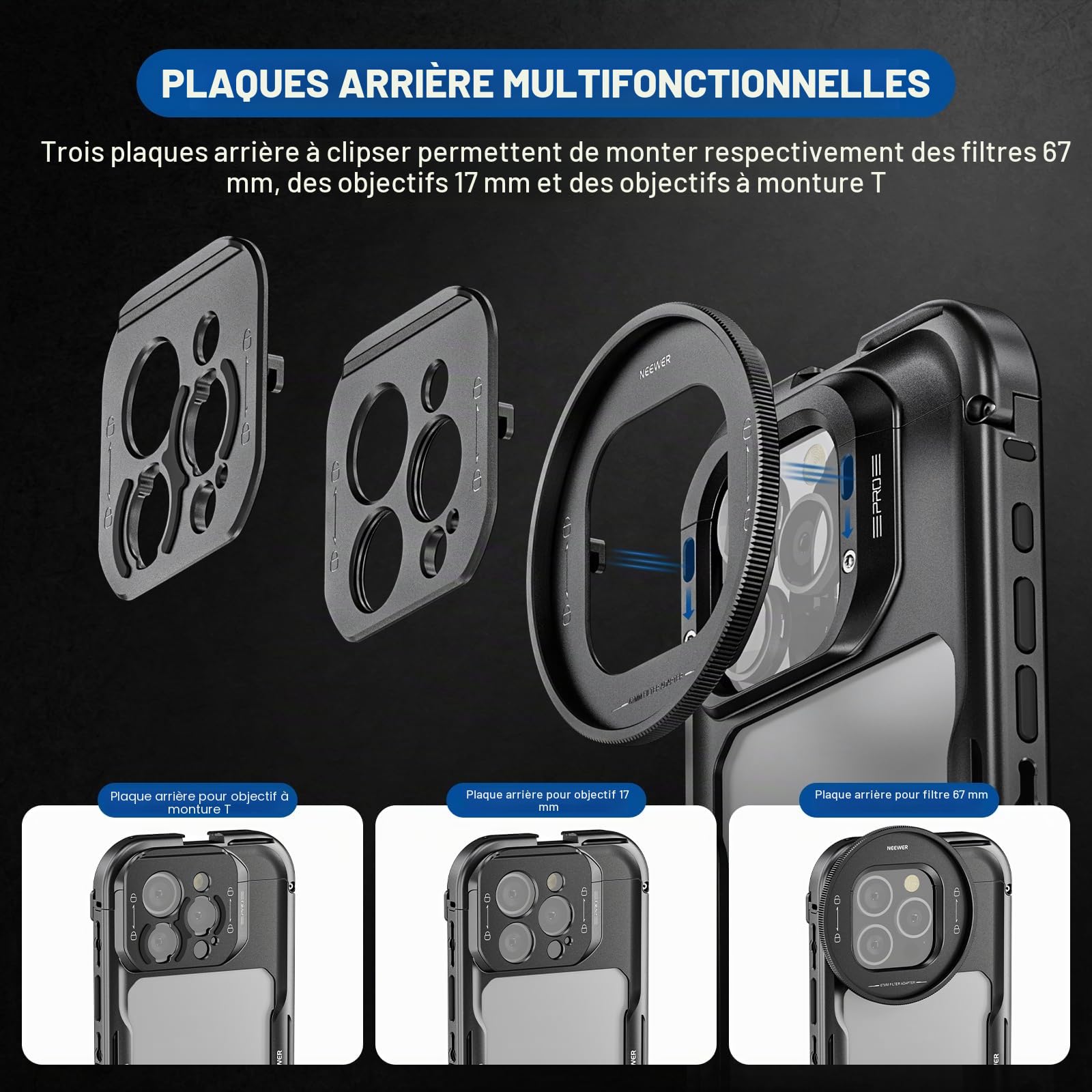 NEEWER Cage 16 Pro, stabilisateur vidéo à libération Rapide Compatible avec iPhone 16 Pro avec Adaptateur de Filtre de 67 mm, Plaque arrière d'objectif de 17 mm, Adaptateur d'objectif à Monture en T