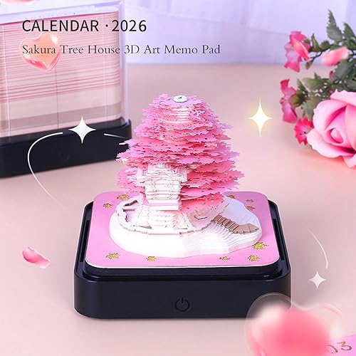 Miniatura 2 de Calendario de escritorio 3D 2026 con luces, calendario 2026 pieza de tiempo, bloc de notas 3D, arte de papel, árbol romántico, creativo, 3D,