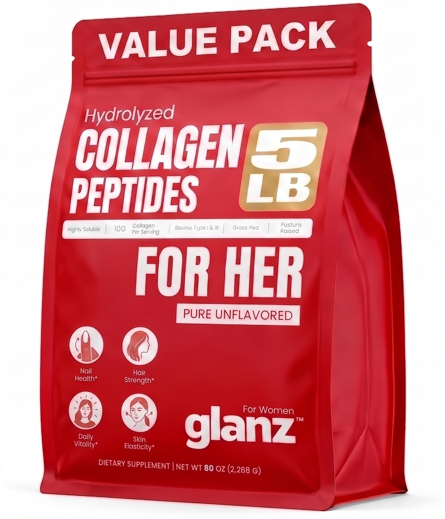 GLANZ Hydrolyzed Collagen Peptides Powder for Women, Unflavored, 5 lb