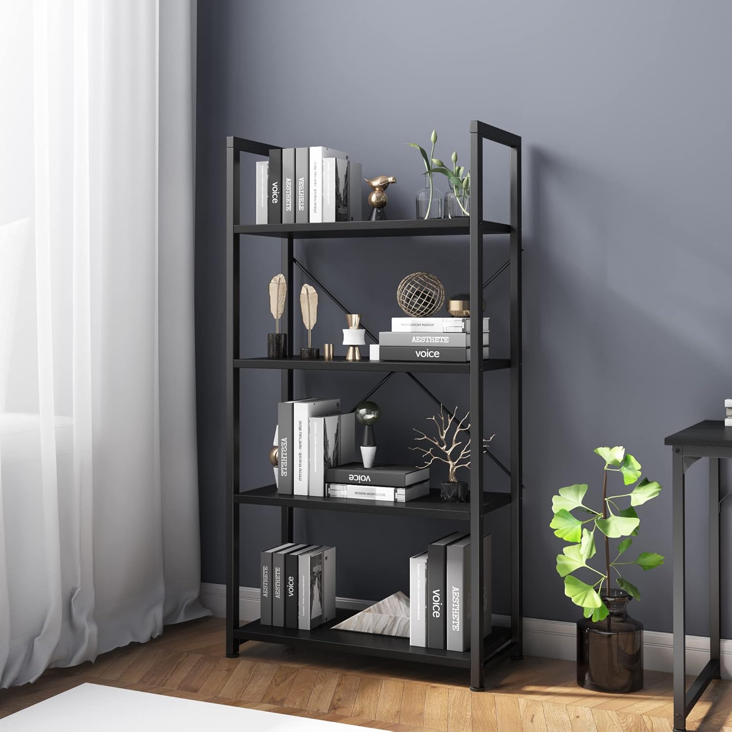 VERMESS Industrial Bookshelf, 4-Tier 24inch Shelving Unit Wood Bookcase with Open Shelves, Standing Bookshelves Metal Frame Display Rack for Living Room,Bedroom, 24.8 * 11.8 * 47.8inch,Black — image 1