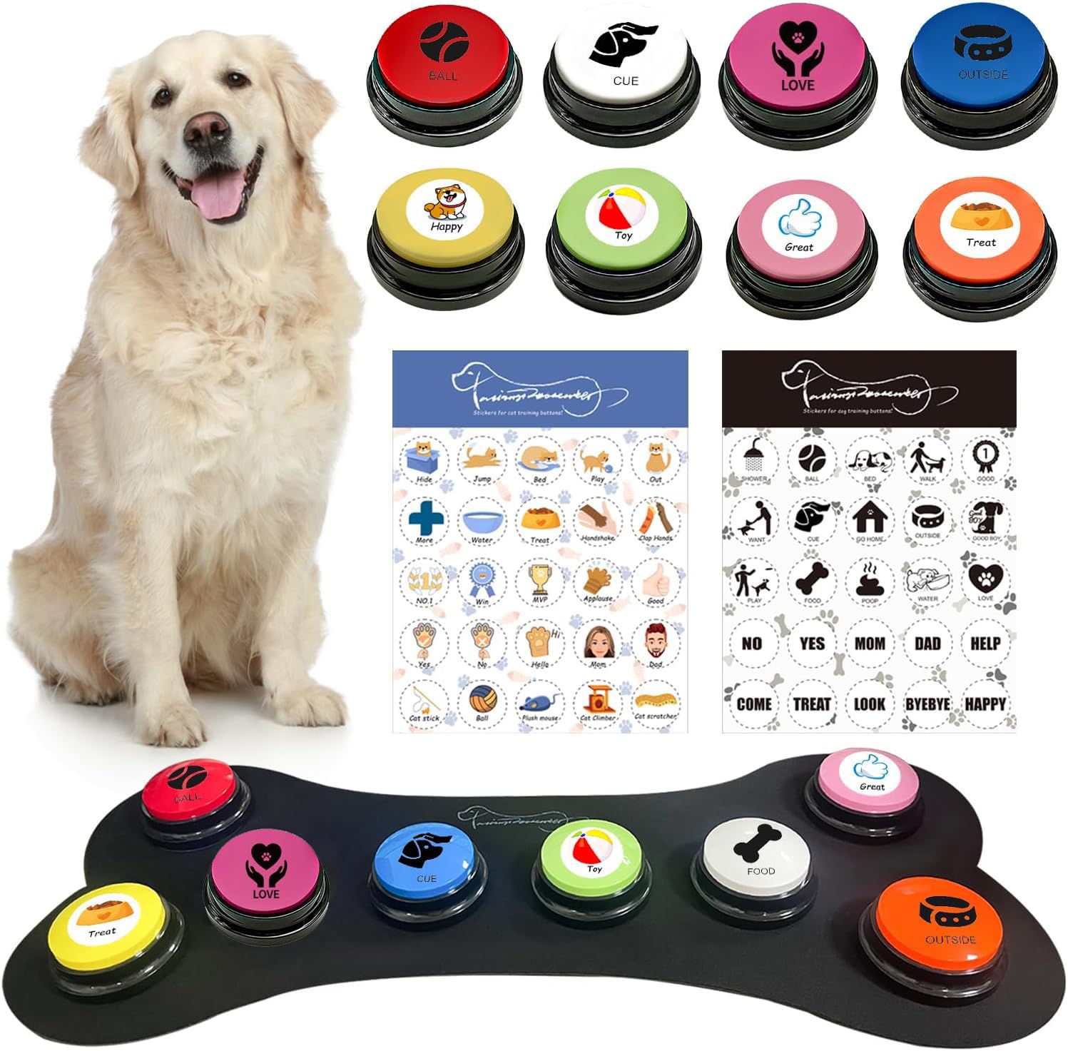 Juego de 8 botones para perros, botones para perros, botones para mascotas para comunicación, botones para escribir, incluye almohadillas, 50 pegatinas para entrenar a tu perro para enseñar a