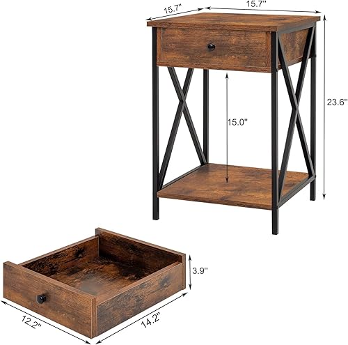 Miniatura 3 de Iwell Juego de 2 mesitas de noche, mesa auxiliar, mesa auxiliar con cajón y estante de almacenamiento, marco de metal, diseño X, junto a la mesa