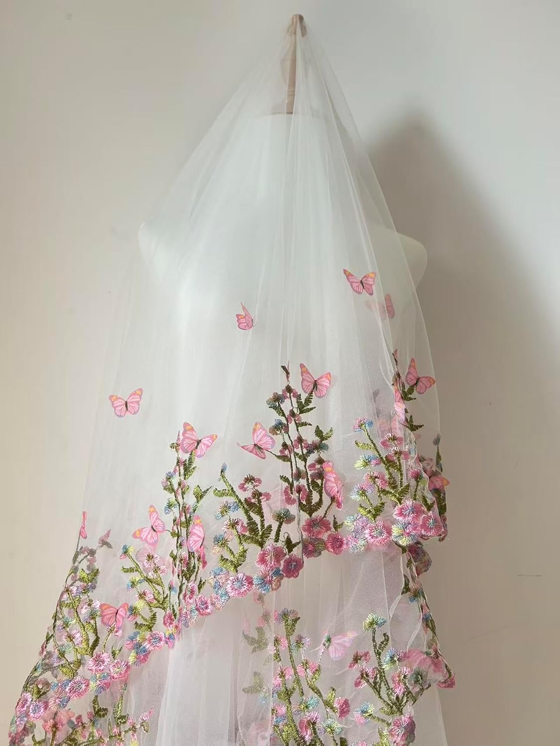 Pink Butterfly Embroidered Tulle Fabric with Floral Design,35x51in – Sheer Mesh for Wedding Dresses, Veils, Gowns, Costumes, and DIY Craft Projects (Pink, 10 Yard (350 x 51 in))