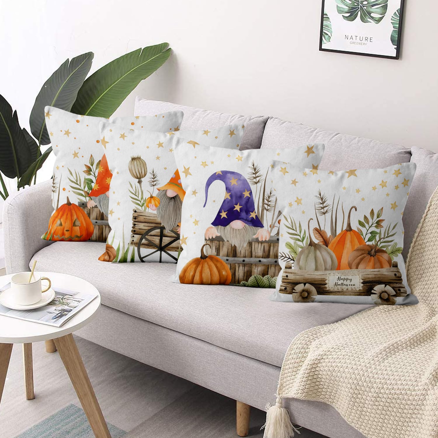 ASDCXZ Set di 4 federe per cuscino autunnali, 50 x 50 cm, motivo carretto di zucca