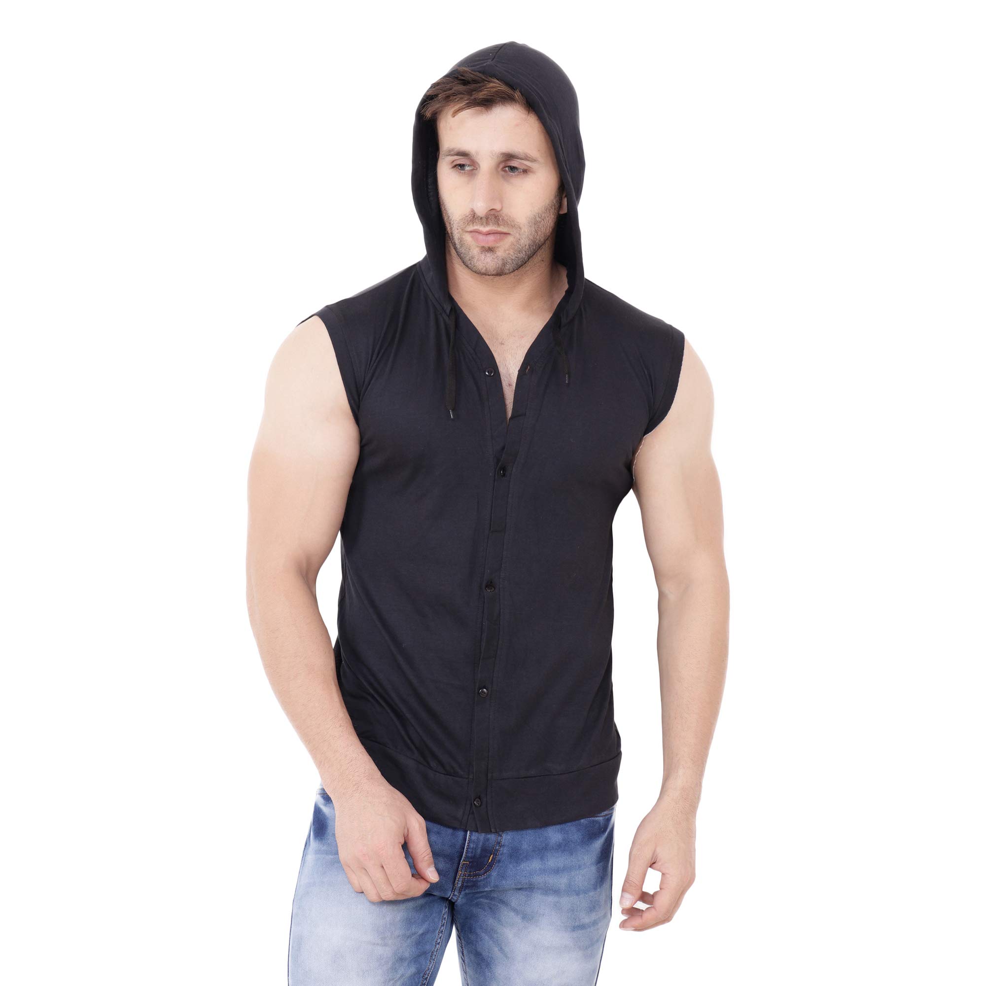 Men's Sleeveless Hooded Button-Down T-Shirt | Casual Streetwear & Gym Vest with Drawstring Hood-image-30