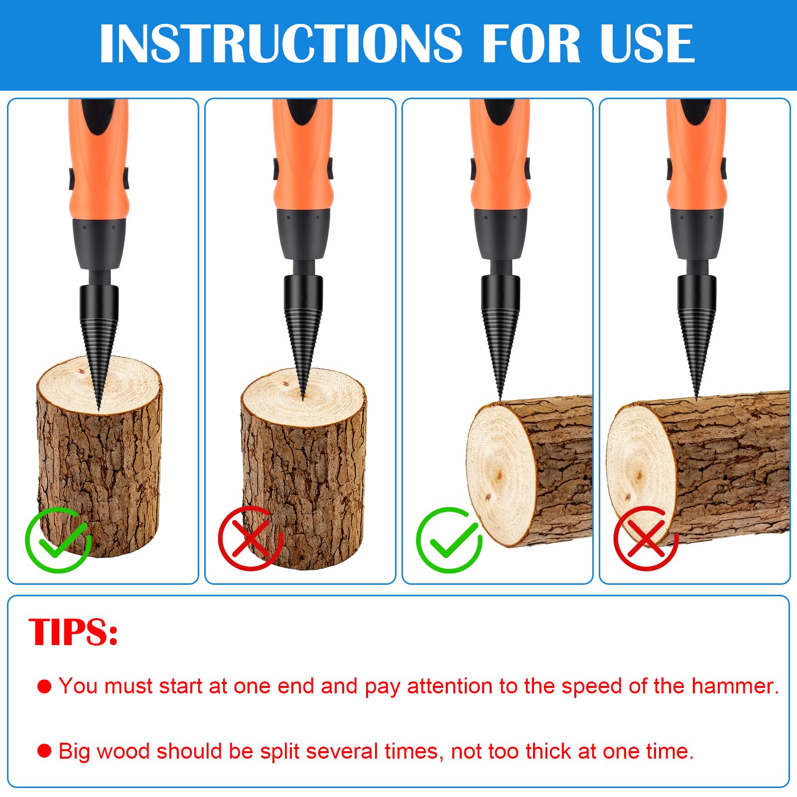 Brocas para Leña, 32mm+42mm Broca Divisora de Leña con 4 Mangos de Taladro, Cortador de Troncos, Taladro de Cono para Partir Troncos de Madera para Hogar